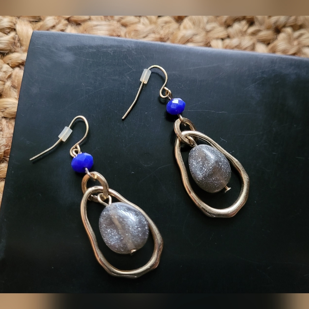 Shimmery Charcoal Bead in Irregular Gold Toned Dangle Earrings